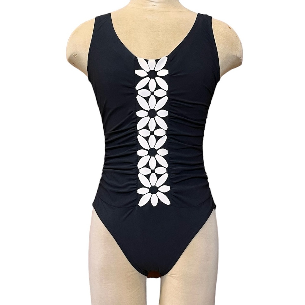 Black and White Floral Women Swim One Piece